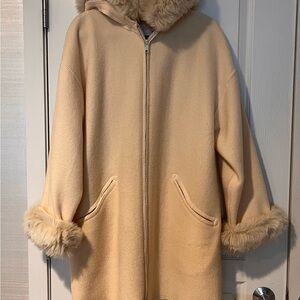 Women's Cream Hooded Coat with Faux Fur Trim